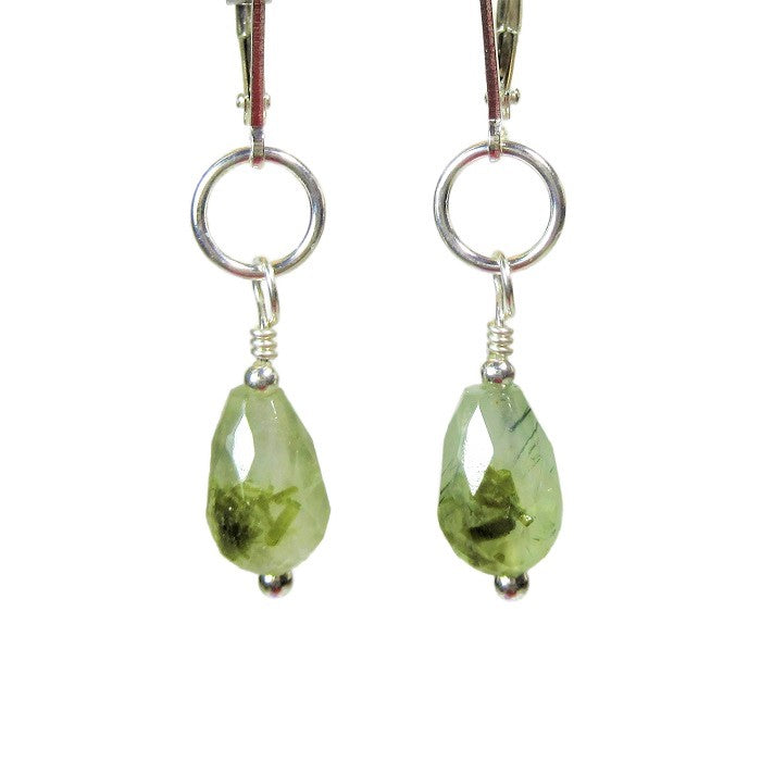 Beautifully faceted light green Prehnite natural gemstone earrings dangle from Sterling silver hooks.
