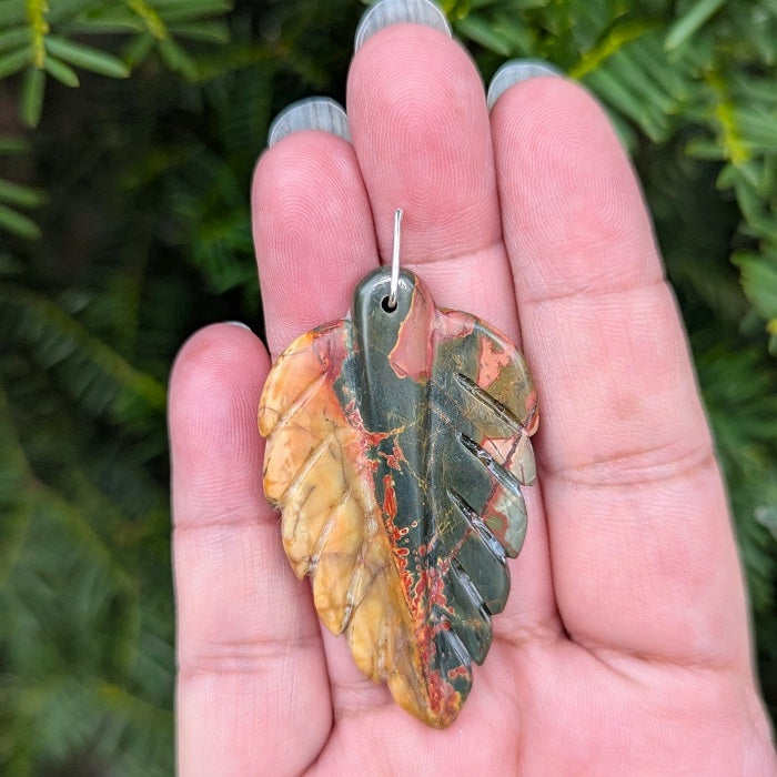 Carved Jasper Leaf Pendant with Sterling Silver Bail