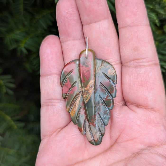 Carved Jasper Leaf Pendant with Sterling Silver Bail