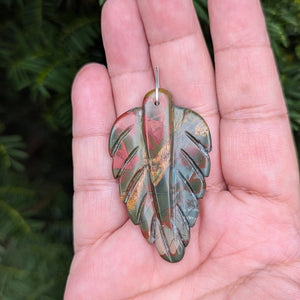 Carved Jasper Leaf Pendant with Sterling Silver Bail