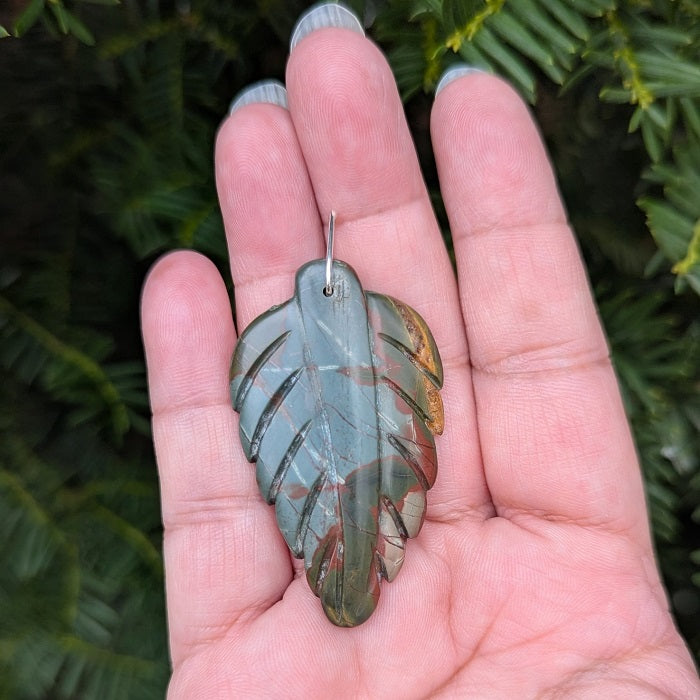 Carved Jasper Leaf Pendant with Sterling Silver Bail
