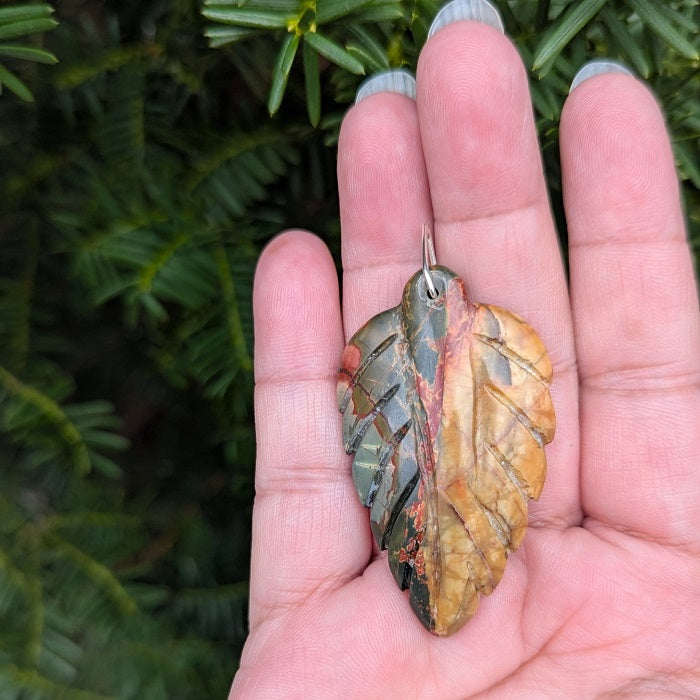 Carved Jasper Leaf Pendant with Sterling Silver Bail