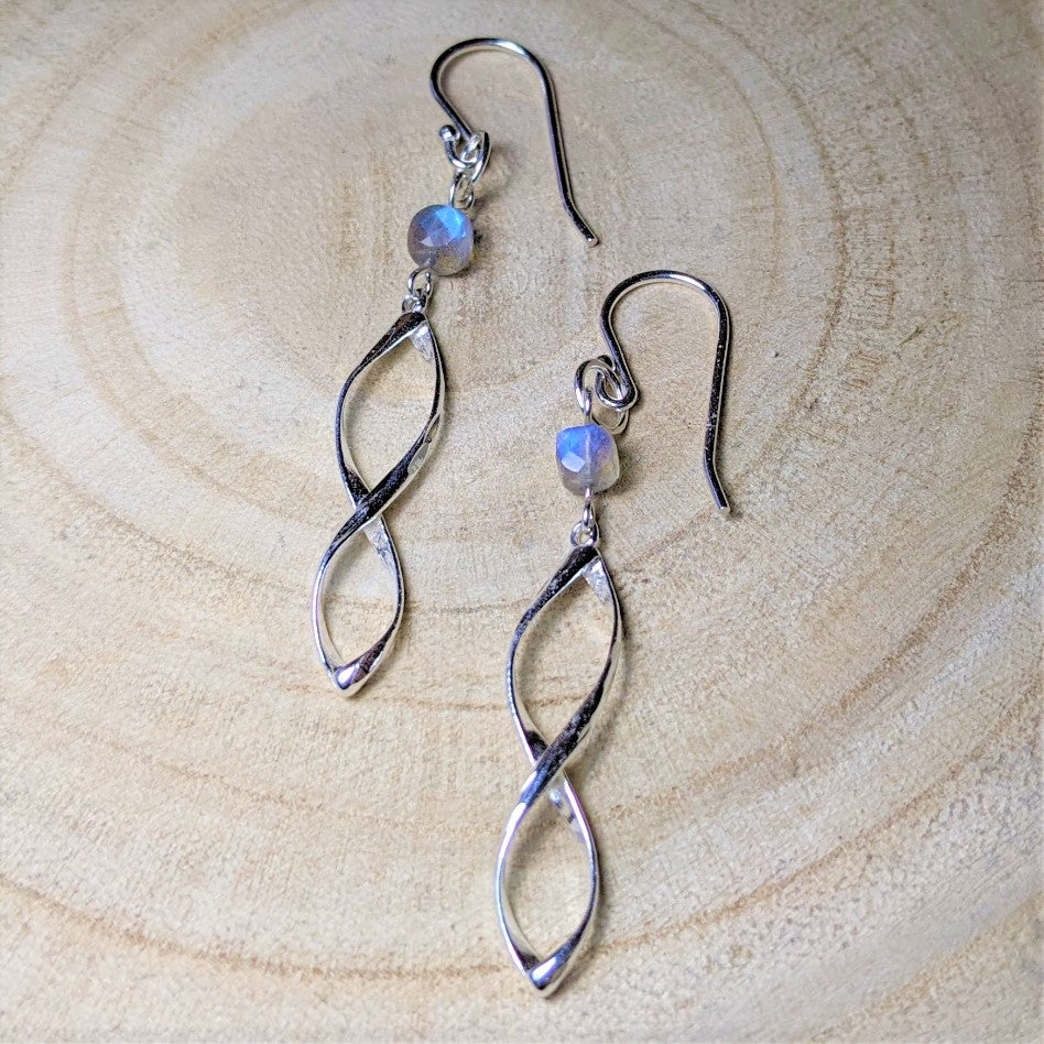 Sterling silver spiral infinity earrings with Labradorite