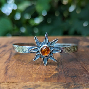 Sterling Silver Amber Sunflower Cuff Bracelet