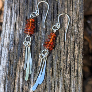 Warm orange Baltic Amber Earrings with Sterling silver fringe