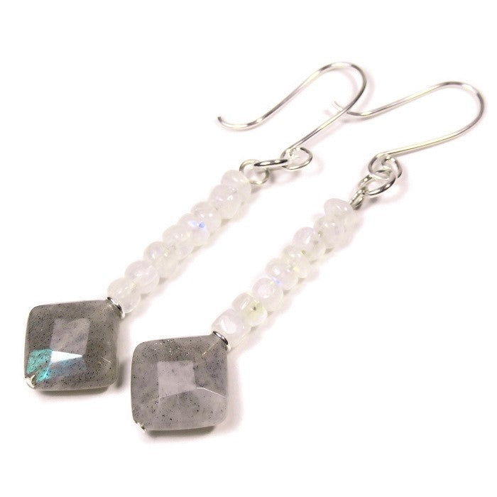 Long labradorite and moonstone earrings are perfect for a date night 