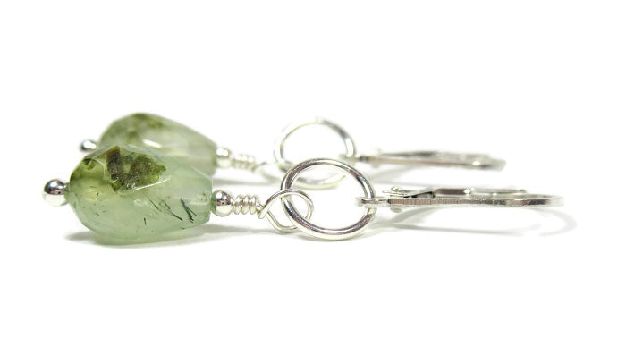 Natural Stone Green Earrings Beautifully faceted light green Prehnite natural gemstone earrings dangle from Sterling silver hooks.