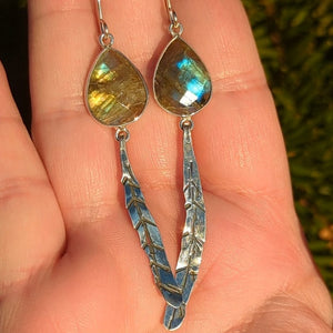 Sterling Silver Labradorite earrings with One of a Kind Feathers