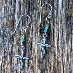 Sterling Silver Infinity Cross earrings featuring faceted natural Turquoise from the Danare Designs studio.